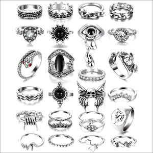Vintage Silver Knuckle Rings Set, 26 Pcs Stackable Adjustable Punk Gothic